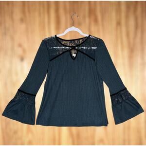 Whimsygoth Lace Green Gauze Velvet Trim Bell Sleeve Top Boho Hippie Size Small